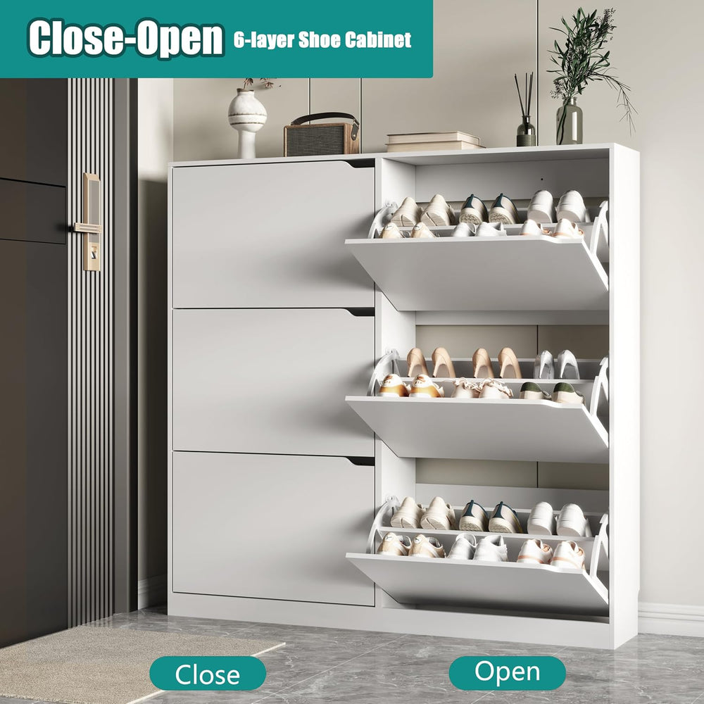 Shoe Storage Cabinet for Entryway with 6 Flip Drawers, Sturdy Wood Hidden Sho...