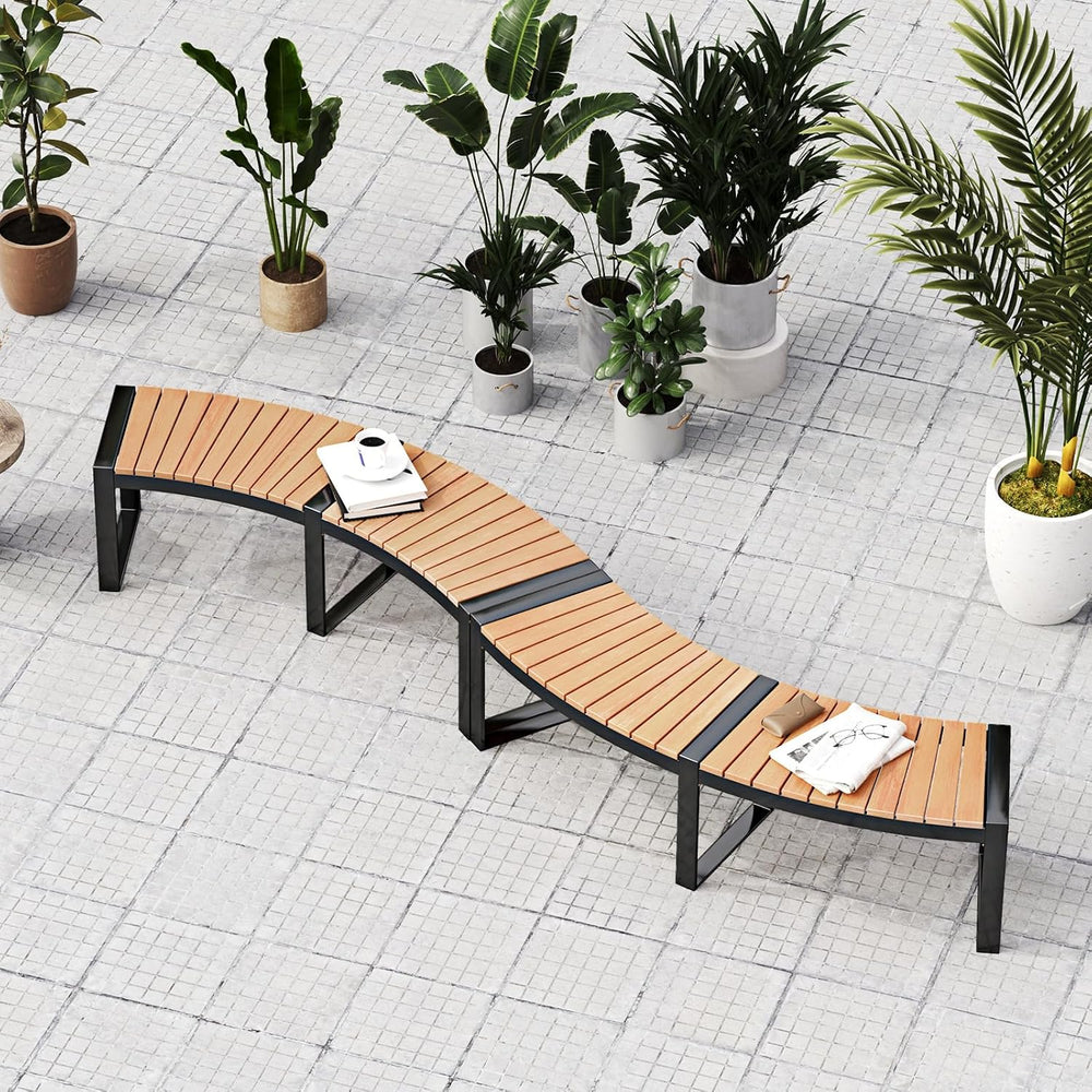 Tangkula Acacia Wood Metal Curved Bench, Fire Pit Patio Bench for 2, 2 Pack