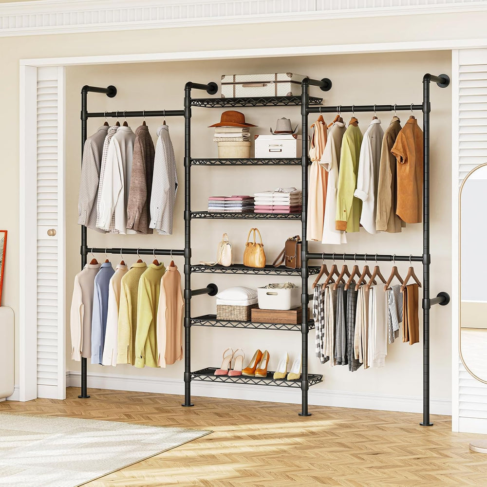 ONBRILL H3 Wall Mounted Closet System, Industrial Pipe Clothing Rack, Black