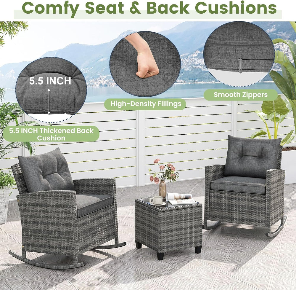 Tangkula 3 Piece Wicker Outdoor Rocking Chairs Set (Grey)