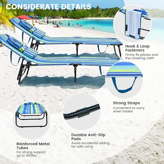 GYMAX Tanning Chair, 350lbs Beach Lounge Chair with Face Hole, Washable Pillo...