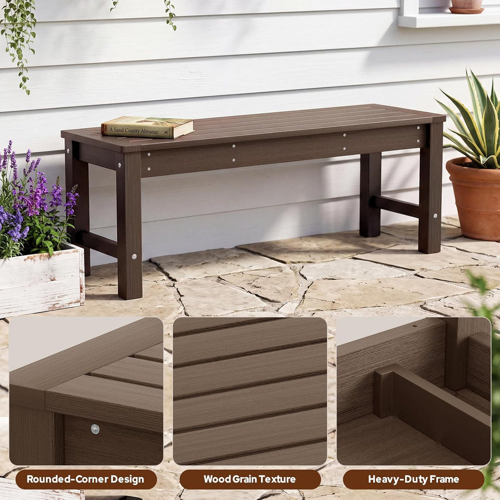 Psilvam 48“ HDPE Outdoor Bench, 2-Person Backless Garden Bench, Brown
