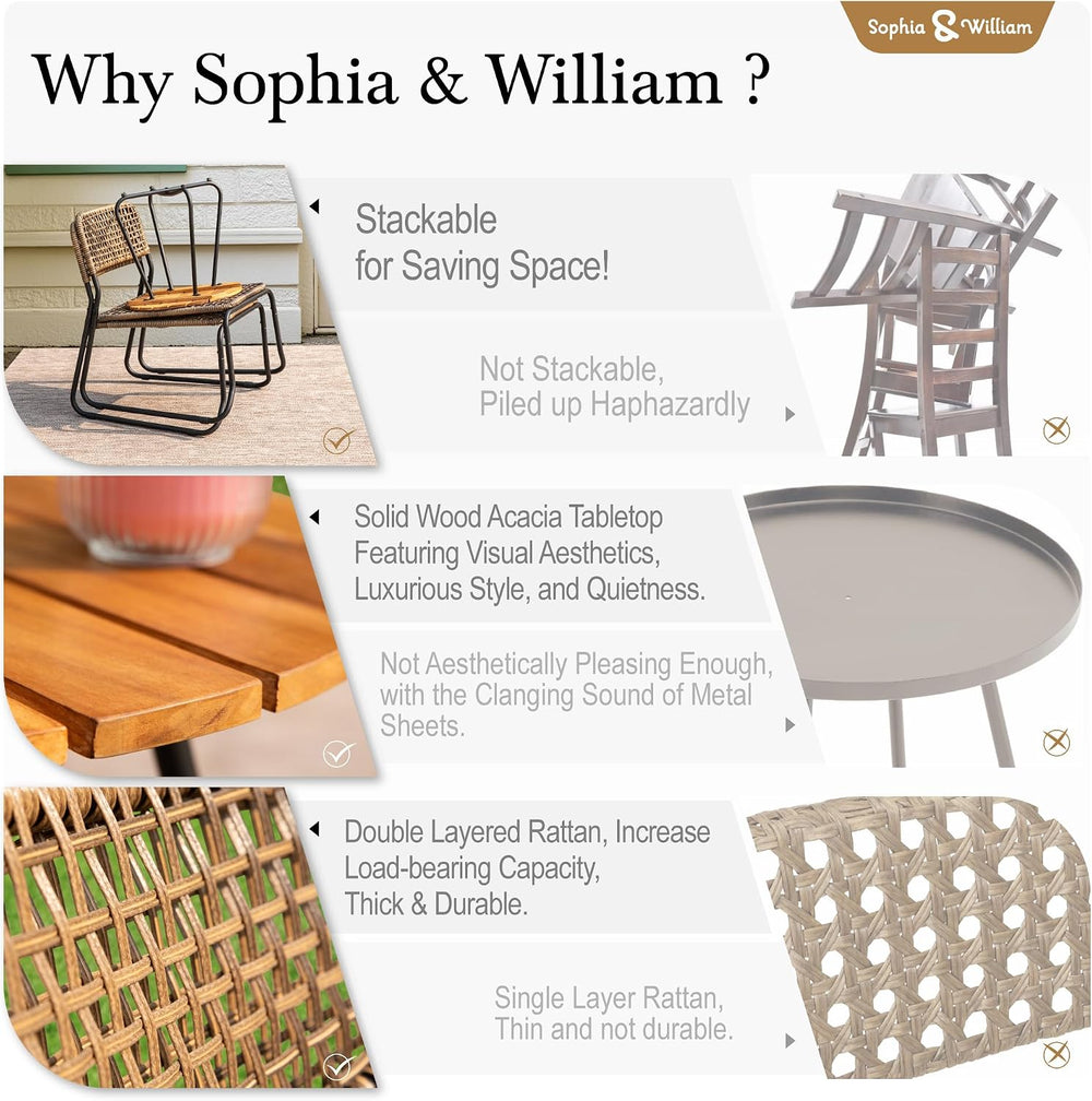 Sophia & William 3-Piece Bistro Set - Stackable Rattan Chairs & Table