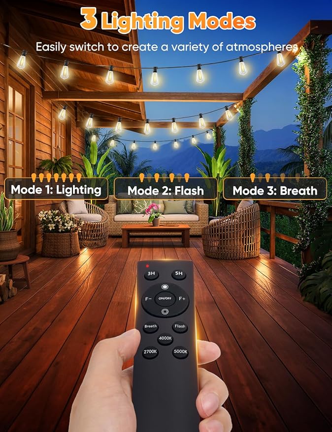 Brightever 3 Color in 1 LED Outdoor String Lights with Remote, 120FT Patio Li...