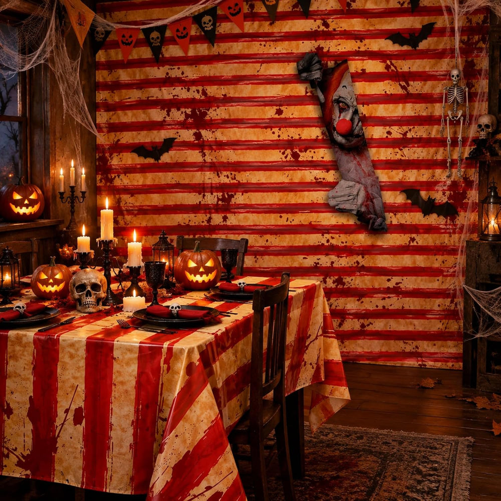 Tegeme 200 ft Creepy Carnival Tablecloth Roll, Red White Striped Halloween