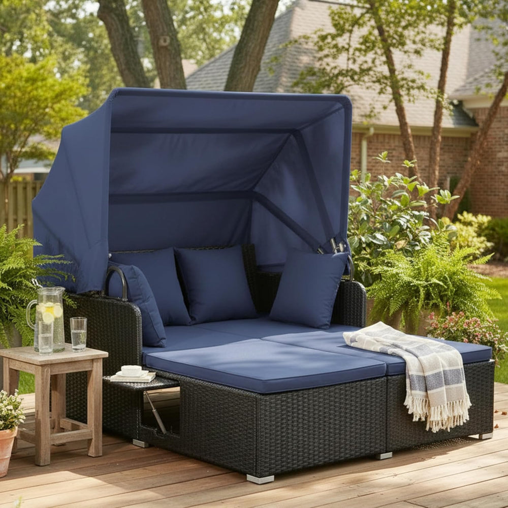 Tangkula Patio Rattan Daybed with Retractable Canopy, Outdoor Wicker Sunbed L...