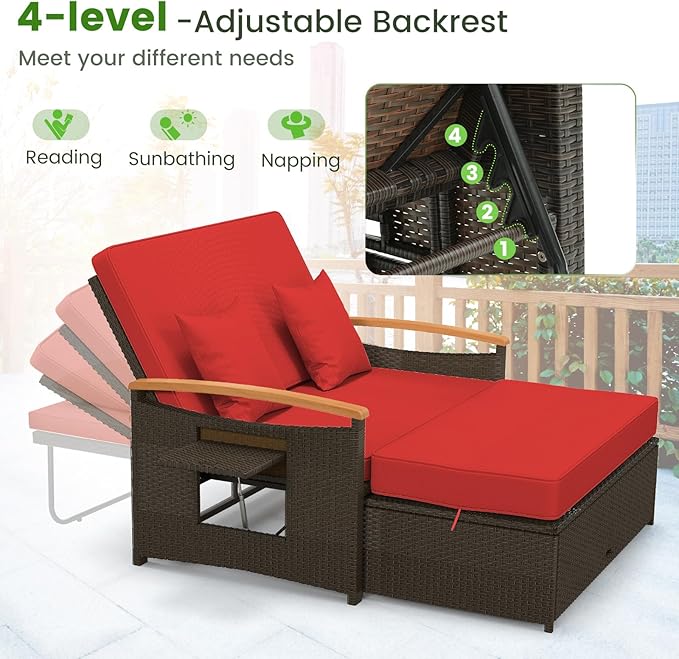 Tangkula Patio Rattan Daybed with 4-Level Adjustable Backrest, Outdoor Wicker...