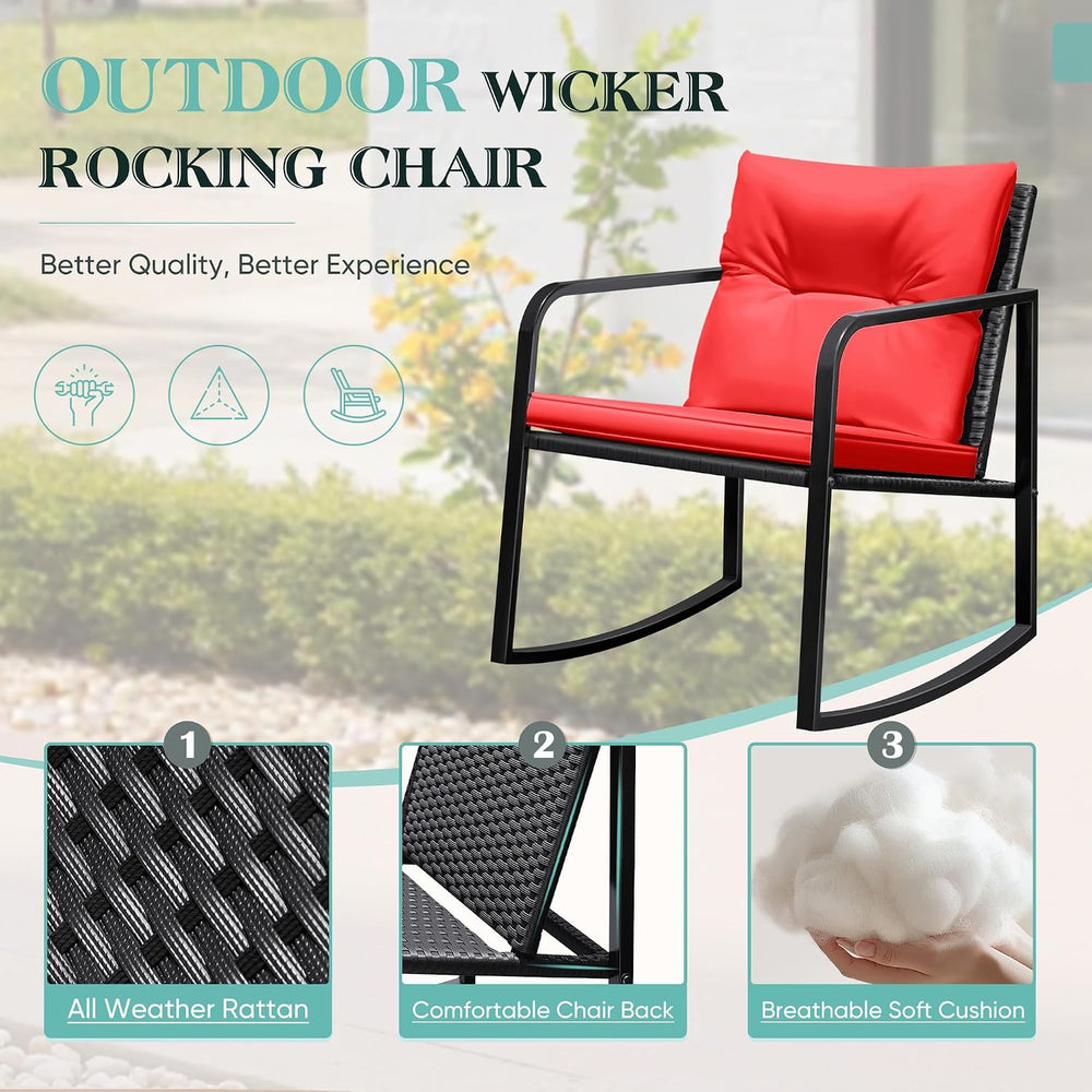 Greesum 3 Pieces Rocking Wicker Bistro Set,Patio Conversation Sets,Red