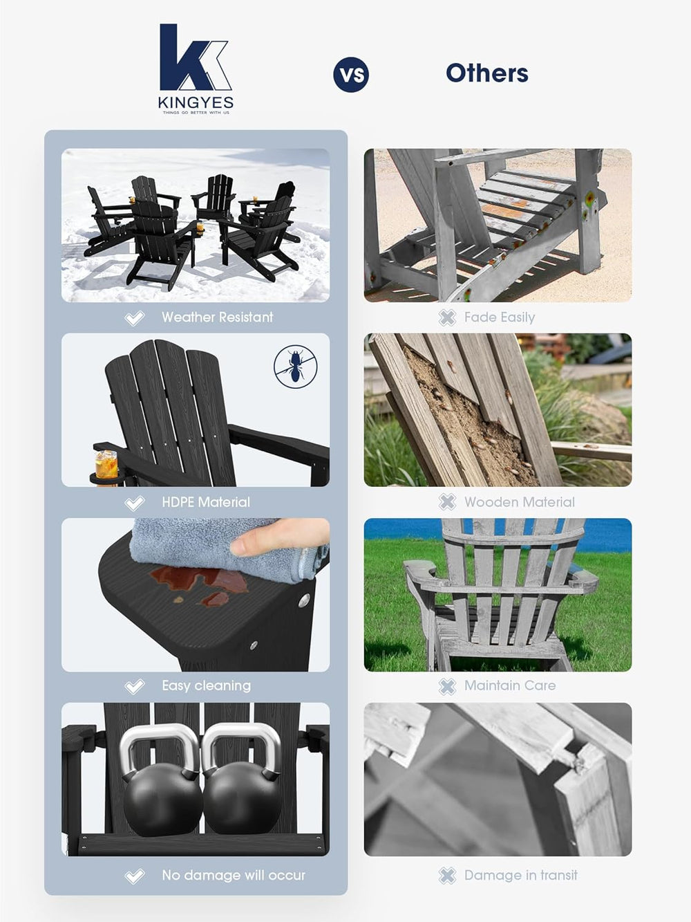KINGYES Folding Adirondack Chair Set of 2 with Cup Holder, Black
