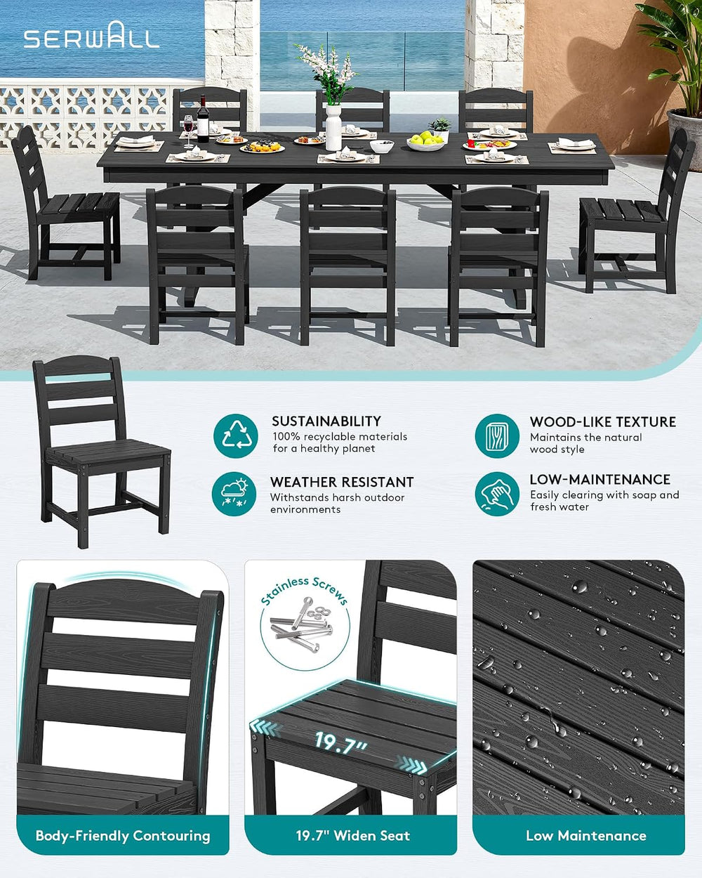 SERWALL 9Pcs 84" HDPE Outdoor Dining Set for 8 with Armless Chairs,Black