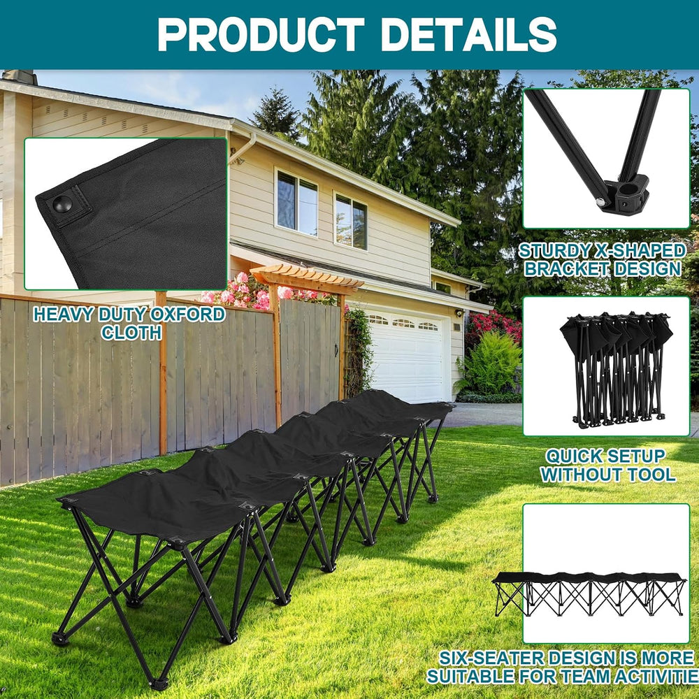 GlikCeil 6 Seats Black Folding Soccer Team Bench Portable Seat for Sports