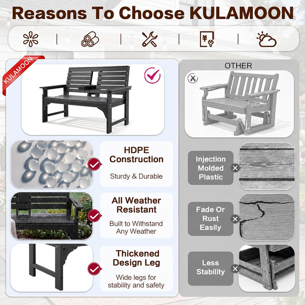 Outdoor Bench, HDPE 2-Person Garden Bench with Cup Holders