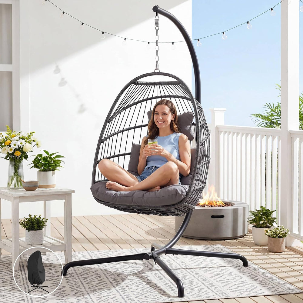 Folding Egg Chair with Stand, Cozy Comfy Swing Patio Hanging Chairs for Adult...