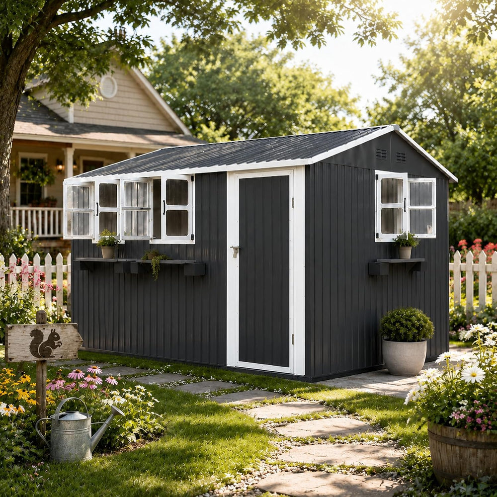 12x10 FT Outdoor Storage Shed with 3 Clear Windows, Metal Garden Shed with Fl...