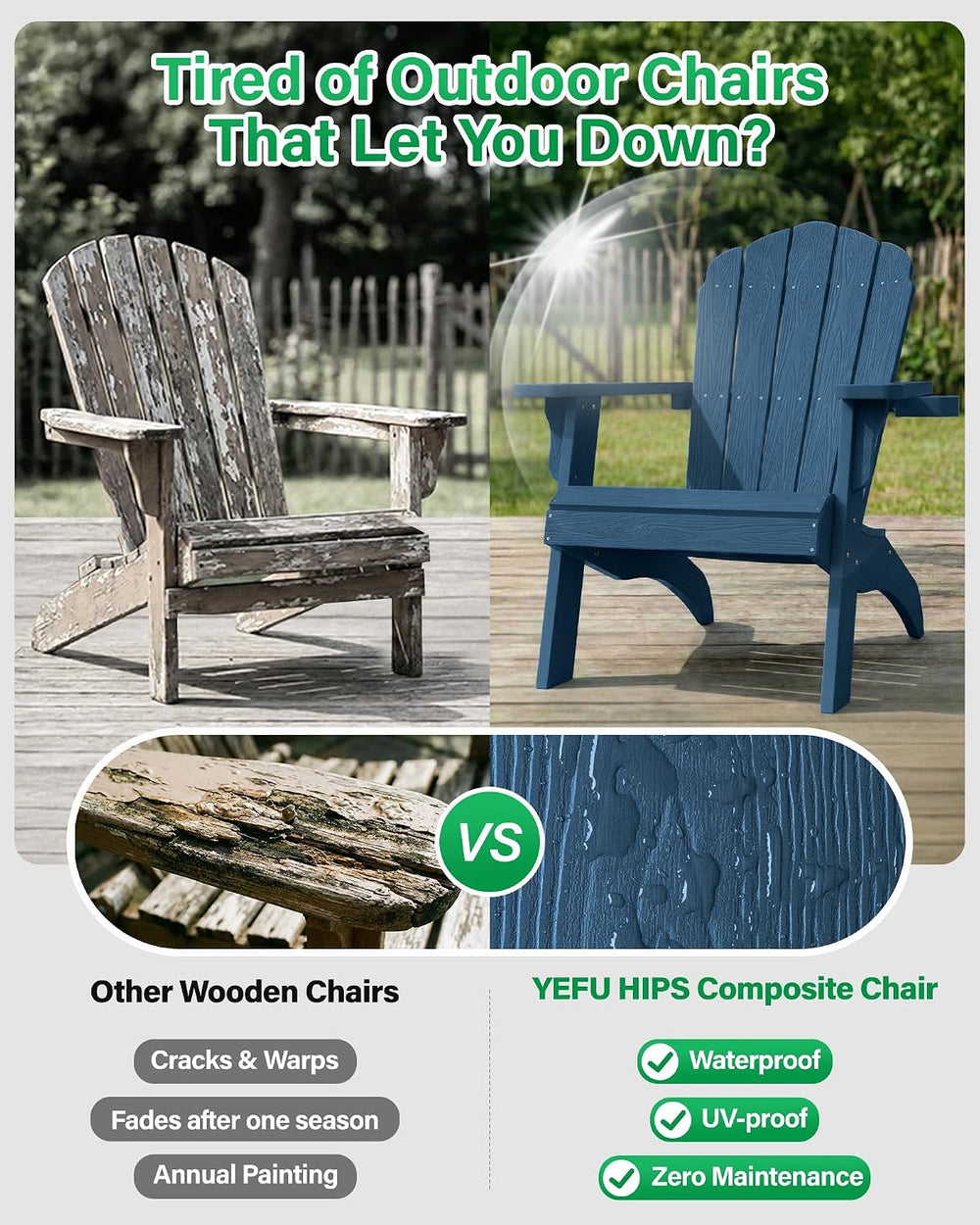 YEFU Oversized Adirondack Chair with Cup-Holder- Navy Blue