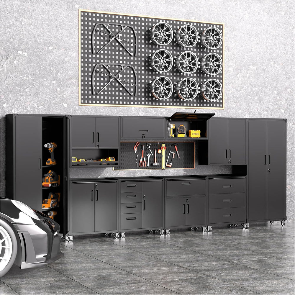Metal Storage Wall Cabinets with Doors and Opening Drawer,Heavy Duty Black Ga...
