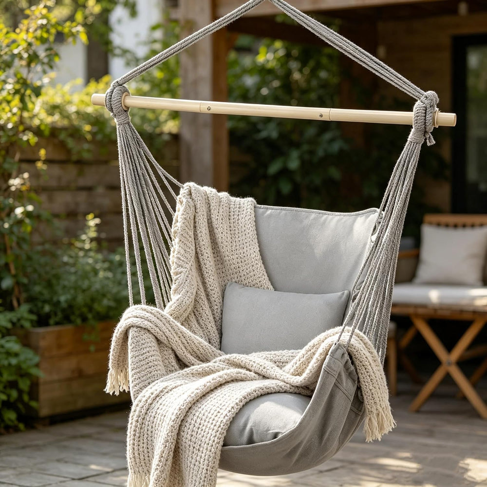 MoNiBloom Hammock Chair Hanging Rope Swing w/2 Cushions, Hold 350 lbs, Gray