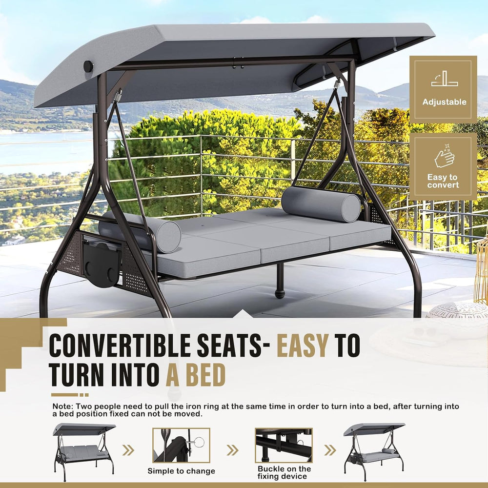 3-Seat Patio Swing Chair, Outdoor Porch Swing with Cushions,Pillows & Cup...