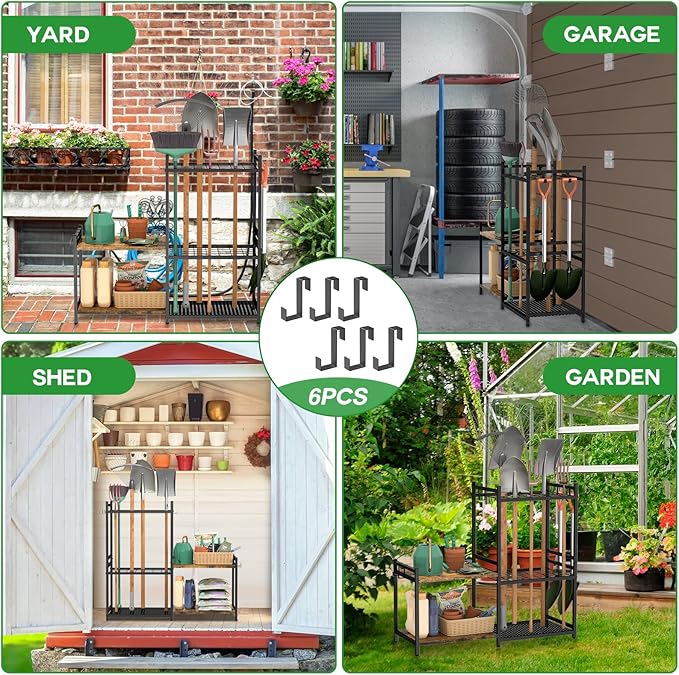 Garage Tool Organizer with 2-tier Wooden Shelves, Yard Tool Organizer for Gar...
