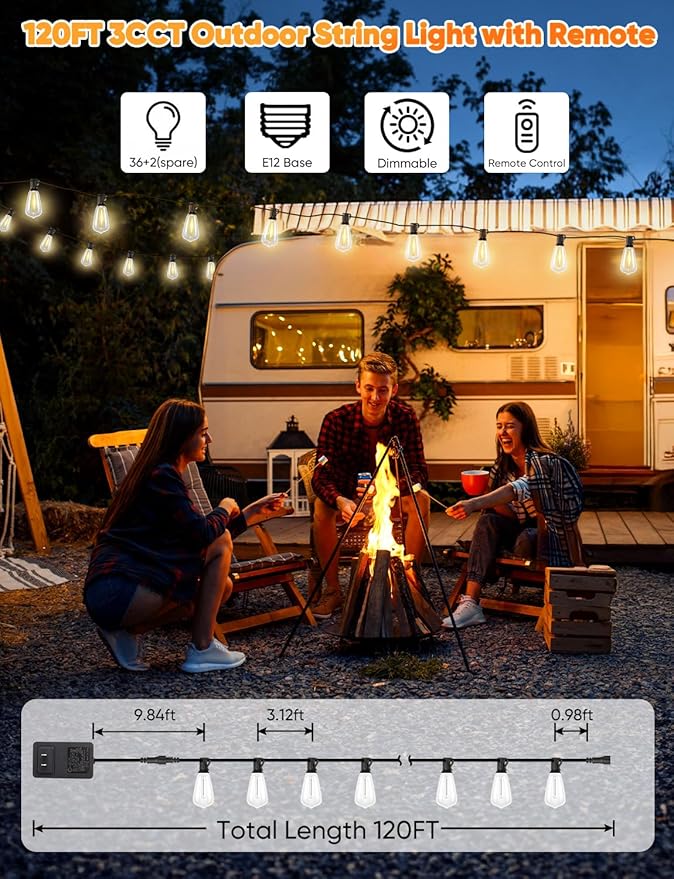 Brightever 3 Color in 1 LED Outdoor String Lights with Remote, 120FT Patio Li...