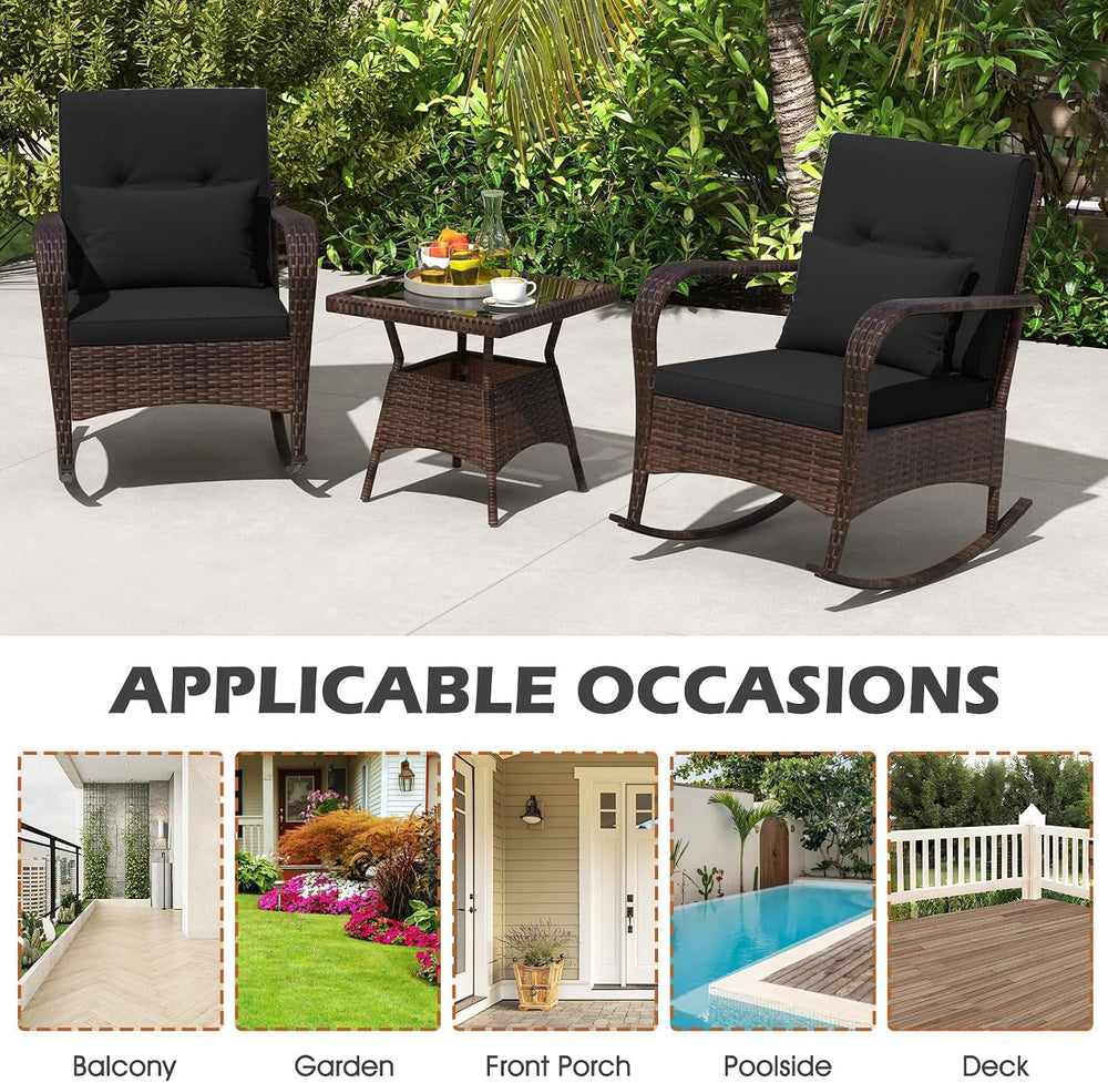 ORALNER 3 Pieces Outdoor Wicker Rocking Chair, Patio Furniture Set (Black)