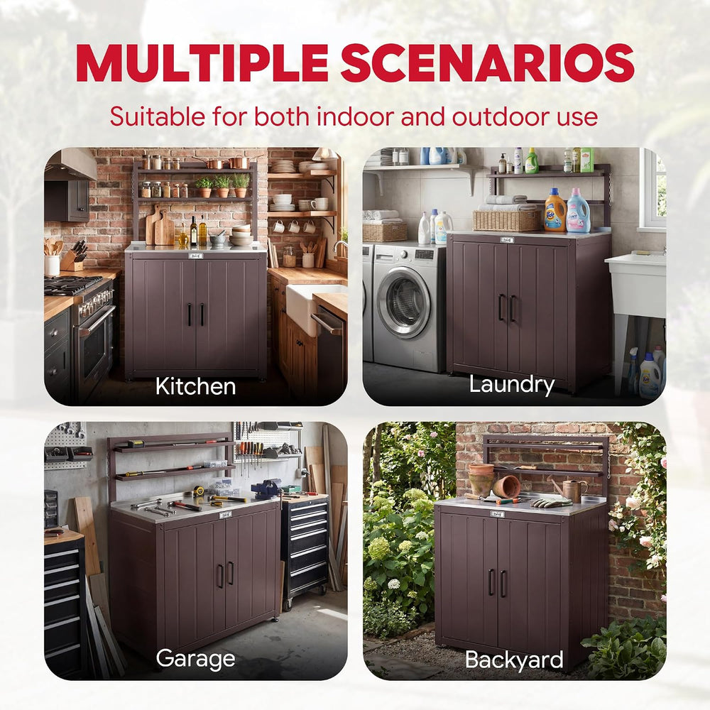 Feasto Outdoor Potting Bench Table with Storage Cabinet, Brown