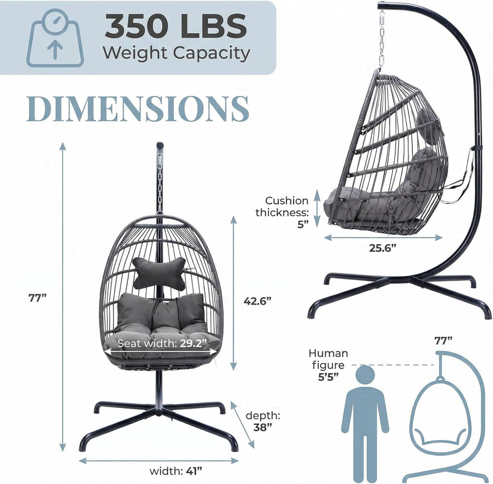 Folding Egg Chair with Stand, Cozy Comfy Swing Patio Hanging Chairs for Adult...