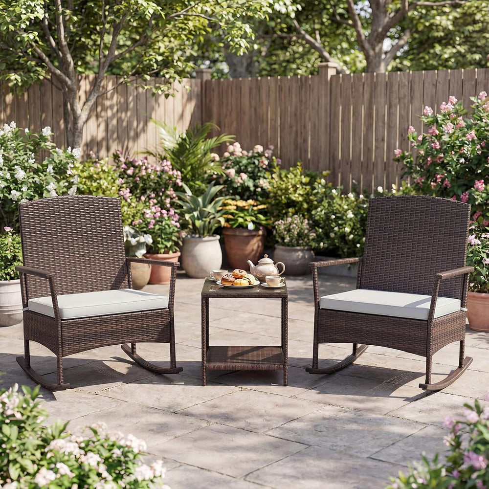 Tangkula 3 Pieces Rocking Wicker Bistro Set, Outdoor Front Porch Rocker Chair...