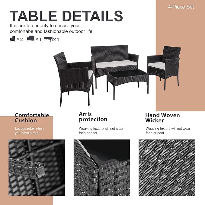 Shintenchi 4 Piece Outdoor Patio Furniture Sets, Small Wicker Patio Conversat...