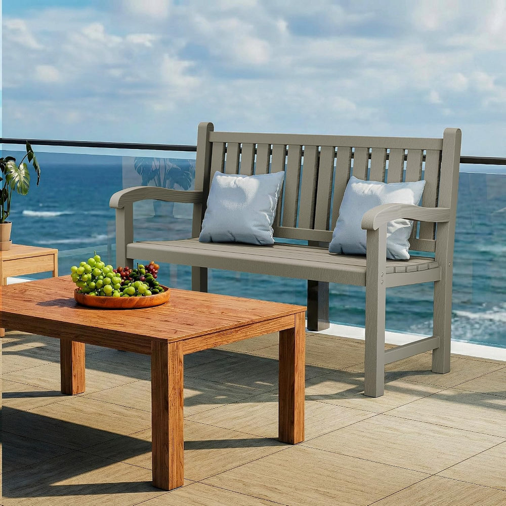 PatioZen Outdoor Bench, 2-Person Resin Bench, Grey