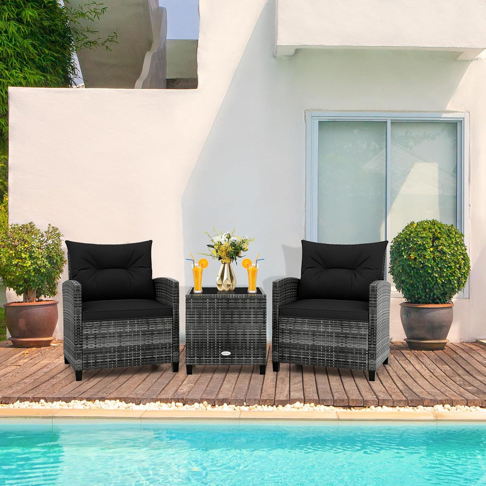 RELAX4LIFE 3 Piece Patio Furniture Set, Wicker Bistro Conversation Set w/2 Cu...
