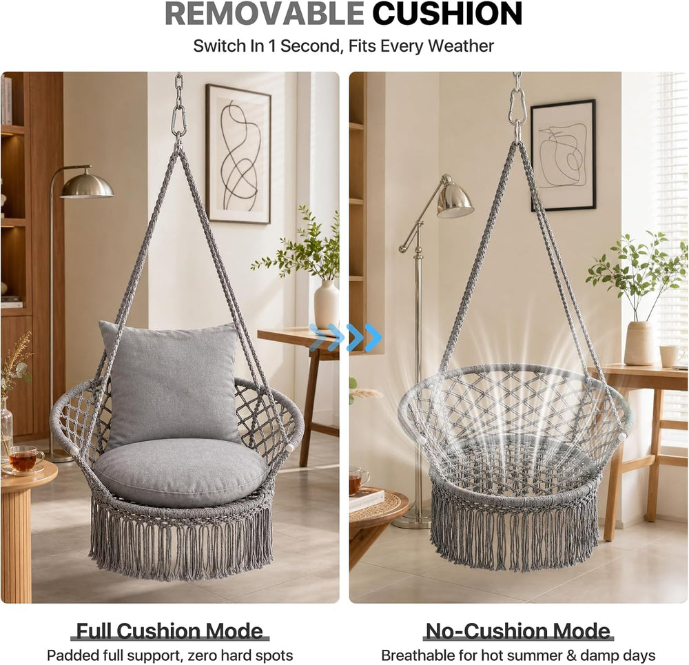 Athena Collection Macrame Hammock Chair with Mounting Hardware Kit, Gray