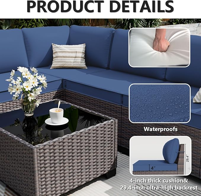ALAULM 6 Pieces Patio Furniture Set, Oversized Seat/Armrest and High Back Wic...
