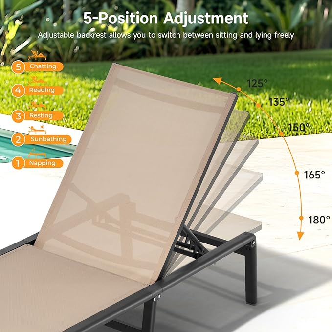 ONBRILL Aluminum Chaise Lounge Chair Outdoor, Foldable & Assembly Free Ou...