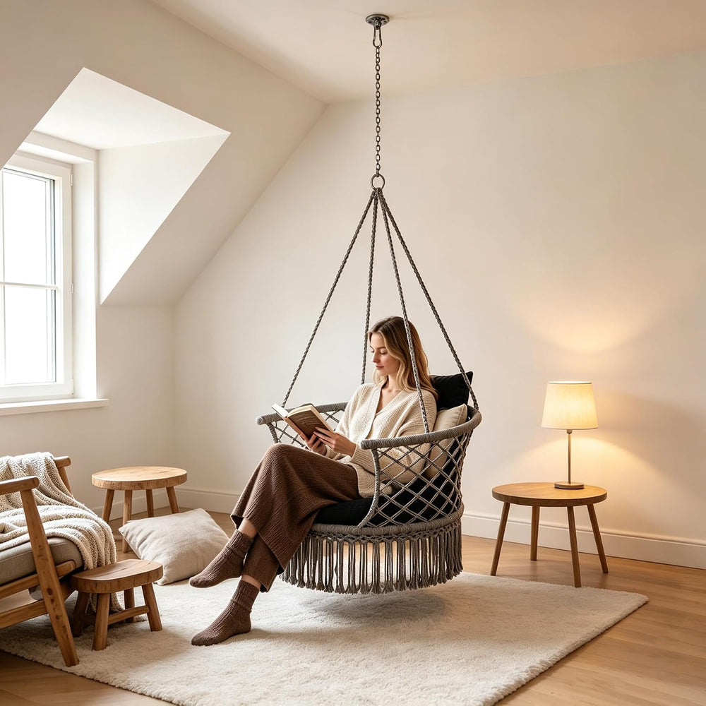 Athena Collection Macrame Hammock Chair with Mounting Hardware Kit, Gray