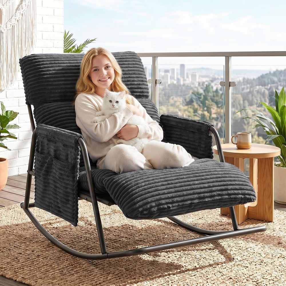 Oversized Corduroy Rocking Chair with Footrest, 3-Level Recliner Gray