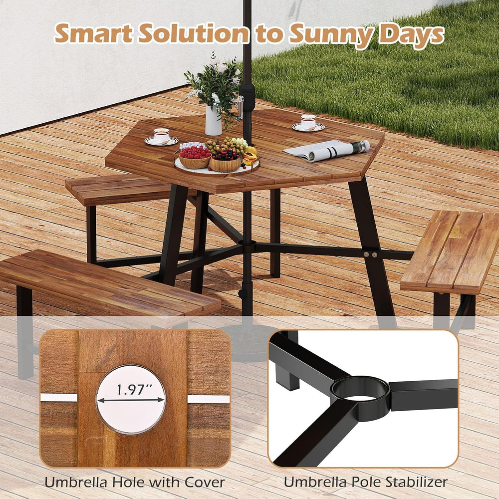 GIANTEX Picnic Table Bench Set for 6, Acacia Wood Outdoor Dining Table Set wi...