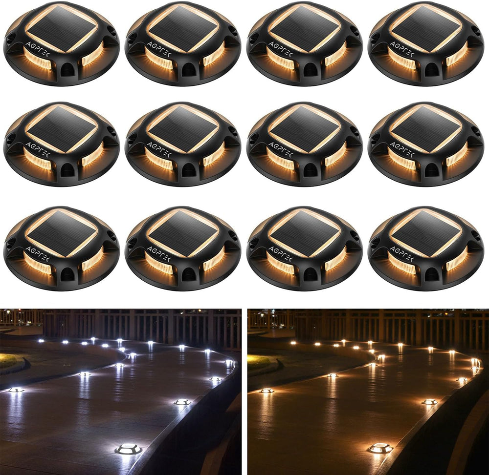 AGPTEK Solar Driveway Lights Outdoor 12 Pack, 2 Color Modes LED Deck Dock