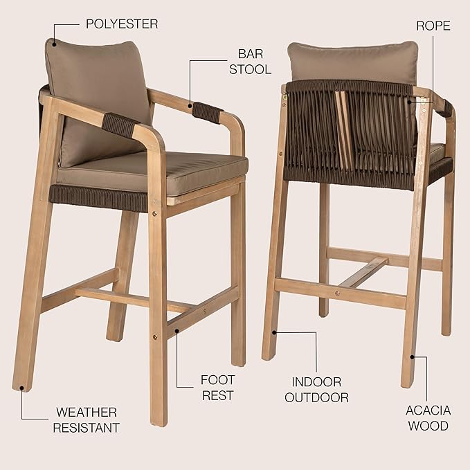 JONATHAN Y BSL1200C-SET2 Porto Modern Coastal Tub Roped Acacia Wood Outdoor B...