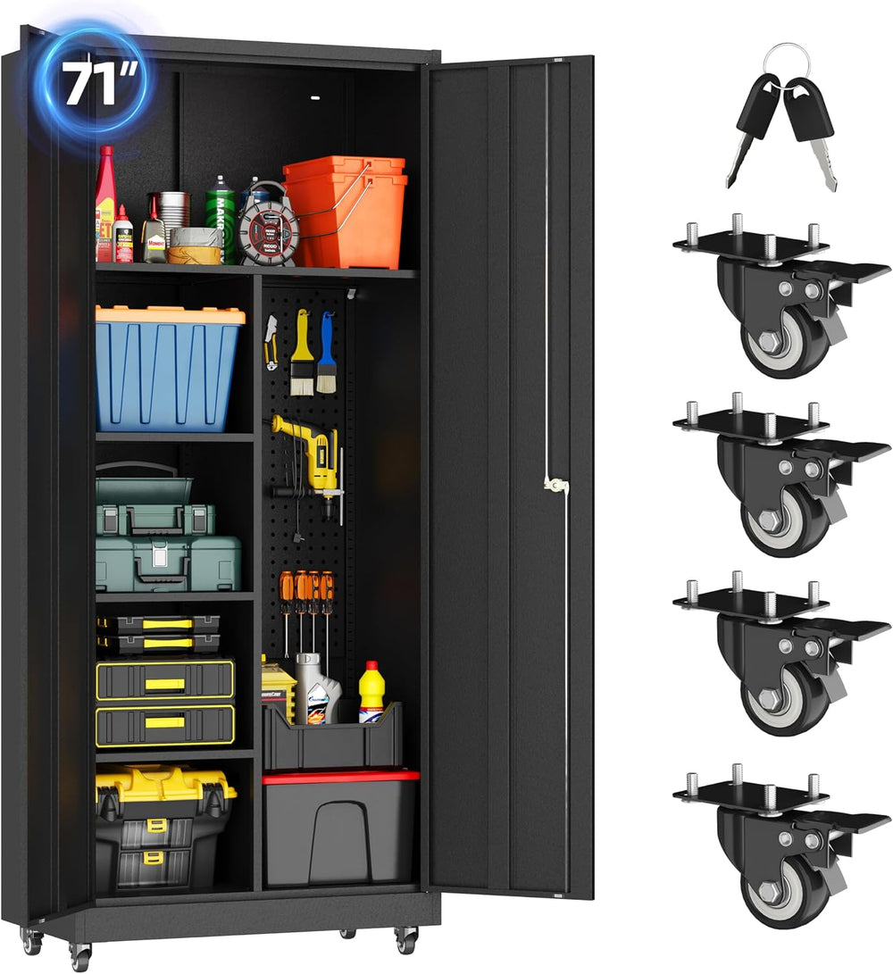 Garage Storage Cabinet with 4 Wheels,Lockable Tool Cabinets with Pegboard and...