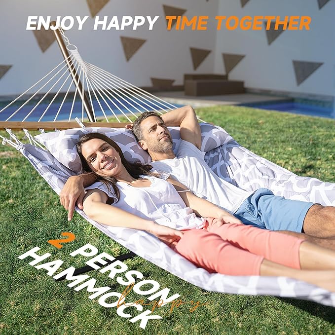 2 Person Outdoor Hammock with Stand, Cotton Rope Hammock with Polyester Pad, ...
