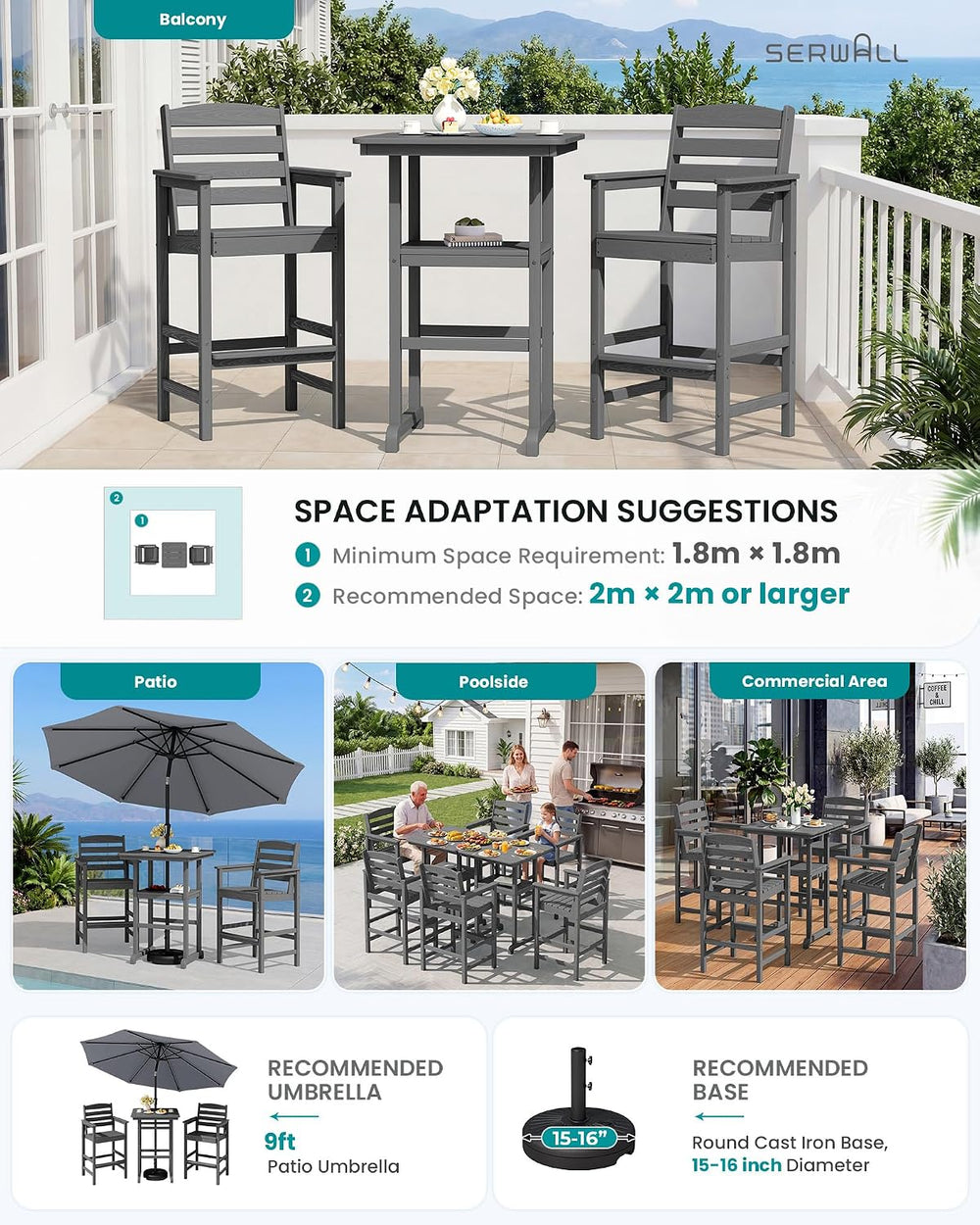 SERWALL 5 Pcs HDPE Bar Height Chairs and Double Layer Pub Table Set, Gray