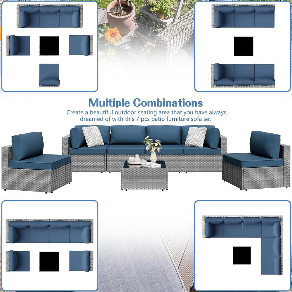 7 Piece Outdoor Patio Furniture Set with Silver PE Rattan, Navy Blue