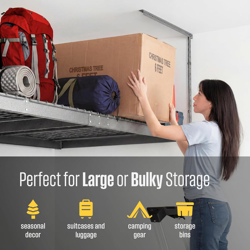 SafeRacks Gray 4x8 Overhead Storage Rack w/ 5-pc Hook Pack (12”-24" Drop)