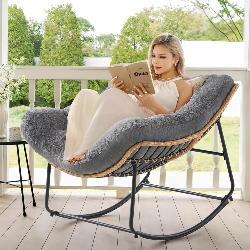 ONBRILL Outdoor Rocking Chairs, Oversized Papasan Rocking Chair, Gray