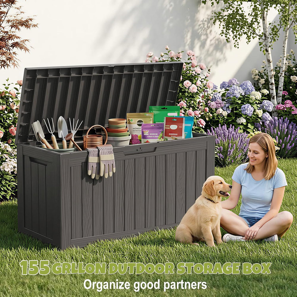 DRATO 155 Gallon Deck Box Waterproof Outdoor Storage Box with Wheels, Black