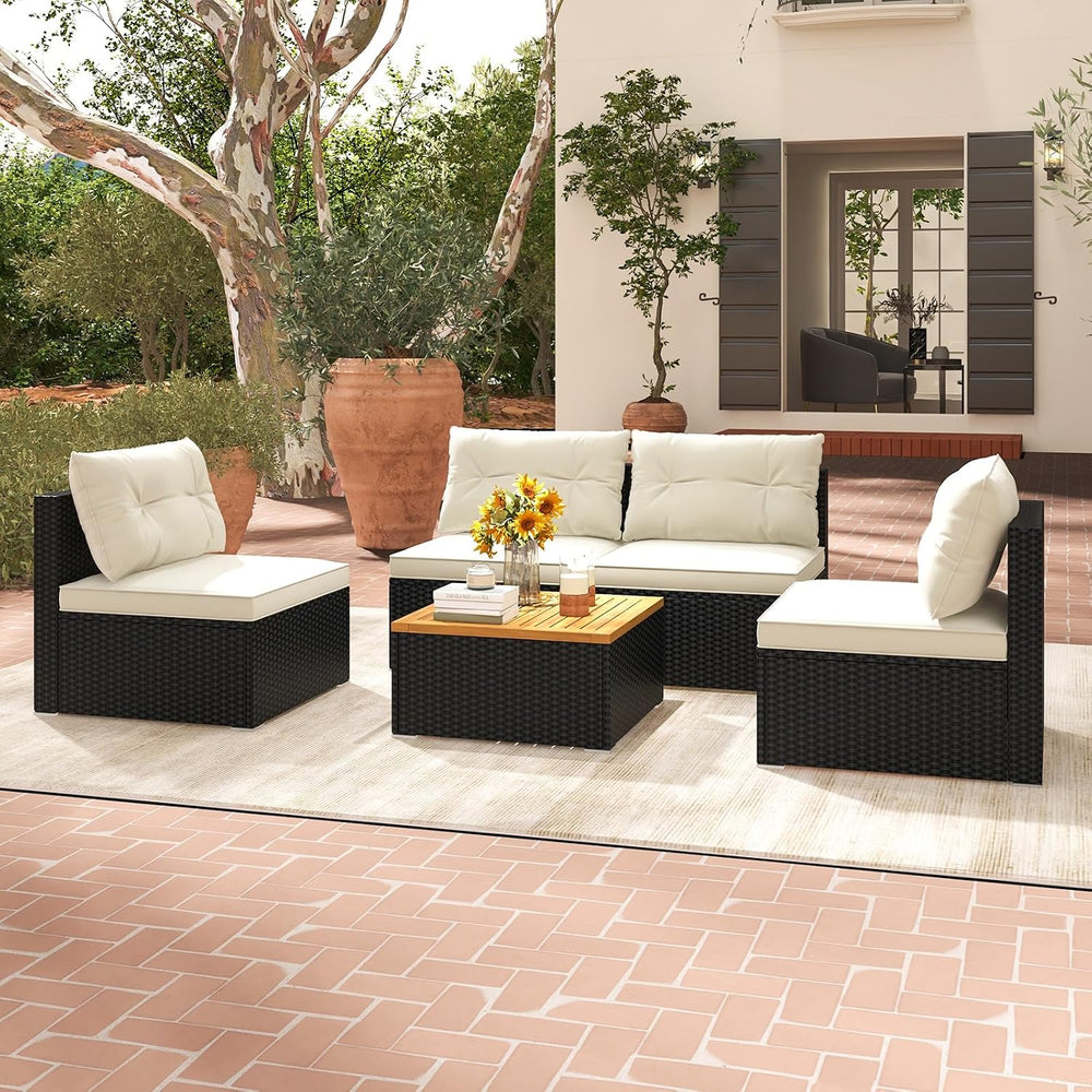 RELAX4LIFE 5-Piece Wicker Outdoor Furniture - PE Rattan Sectional Conversatio...