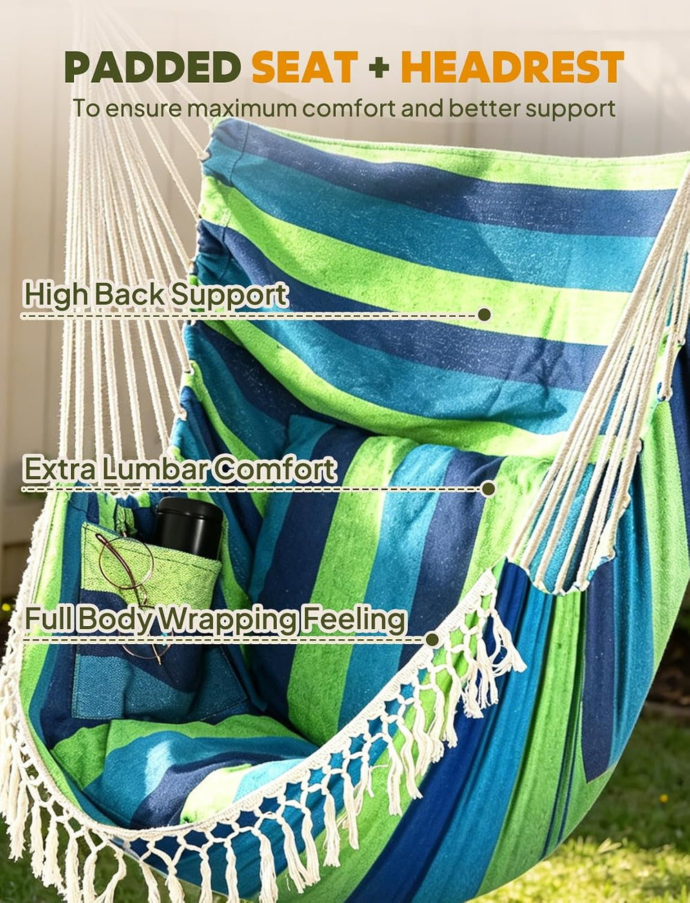 Chihee Hammock Chair Max 500 Lbs 2 Cushions Spreader Bar Strap Carabiner