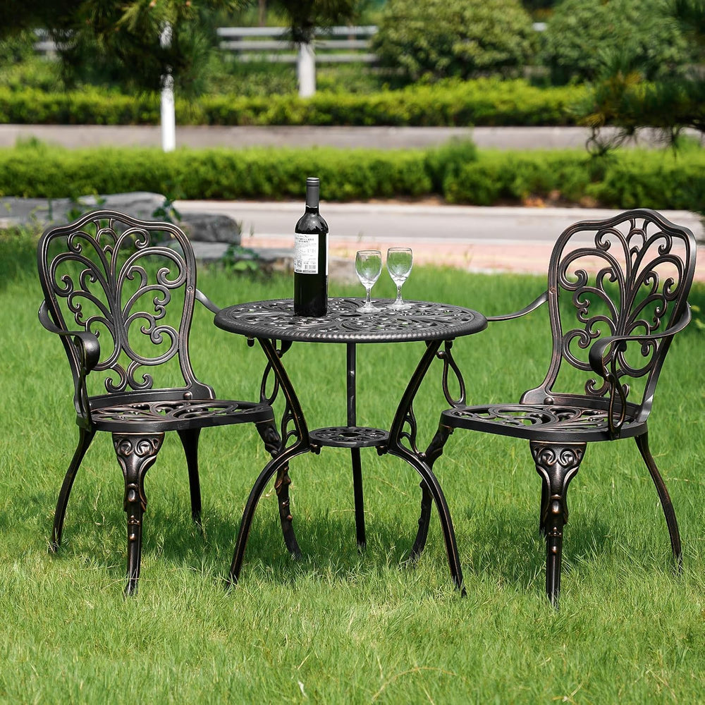 3 Piece Cast Aluminum Bistro Set, Bronze Bistro Table and Chairs Set of 2, 3 ...