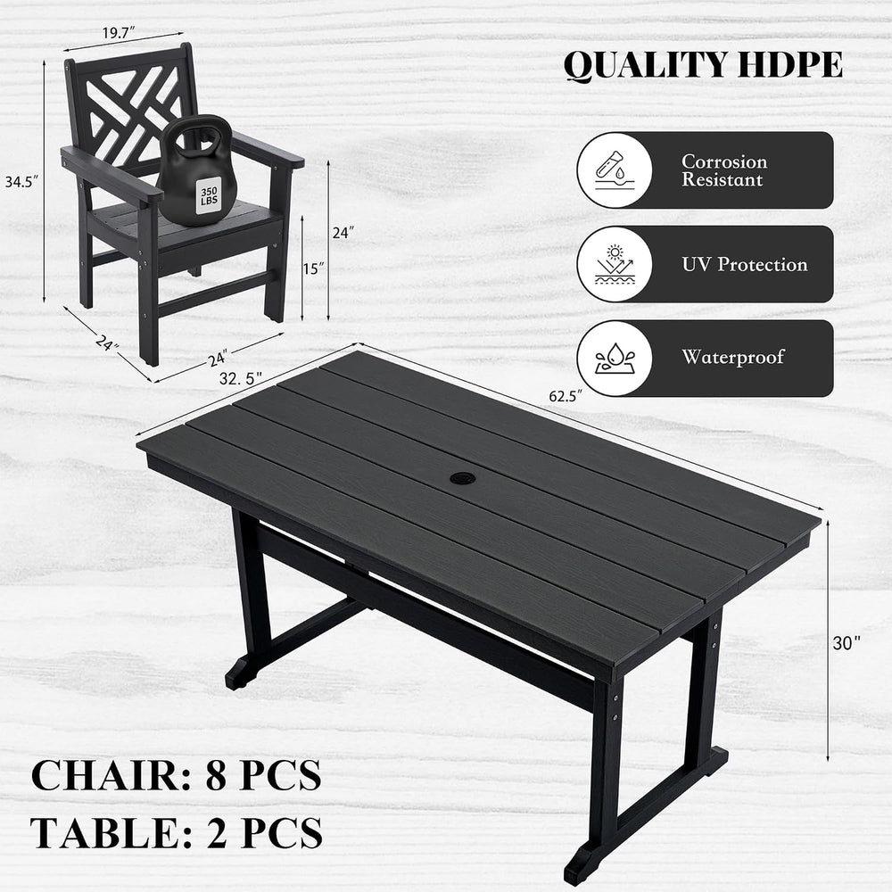 HDPE Outdoor Dining Set,10-Piece Outdoor Table and Chairs Include 8 Dining Ch...